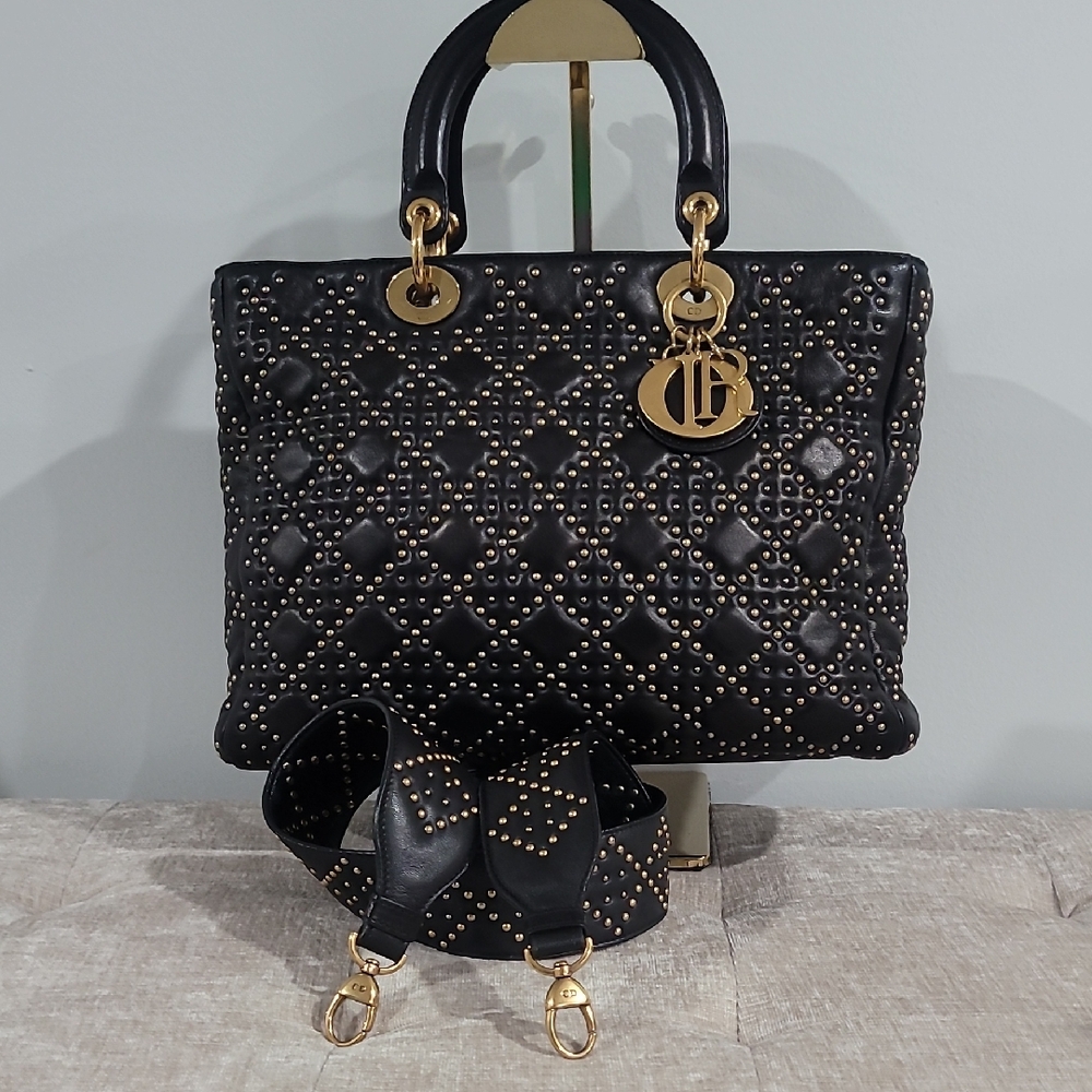 Christain Dior Lady Dior Black Studded Tote  Handbag